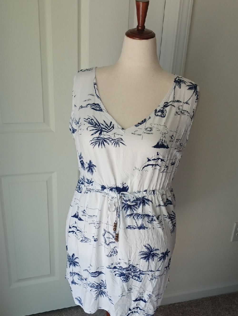 Palmwave Hawaii White and Navy Palm-Print Mini Dress XL